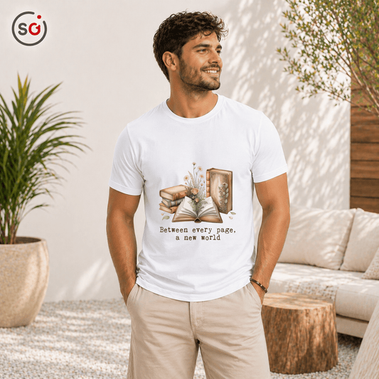 Bücher T-Shirt: 'Between every page, a new world' – Für Leseratten & Träumer - StyleOne