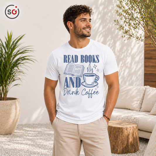 Basic Weiß – Bücher & Kaffee Shirt für Leseratten & Kaffeefans – Familien Design