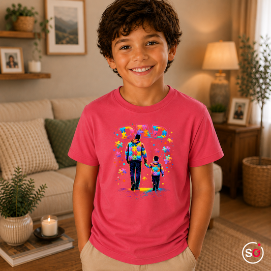 Kinder Fuchsia – Kinder T-Shirt mit Autismus-Puzzle-Design: Bester Papa & Kind Hand in Hand