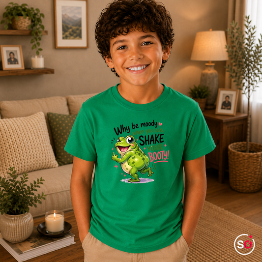 Kinder KellyGrün – Kinder T-Shirt: Fröhlicher Frosch tanzt – "Shake Your Booty!" Design