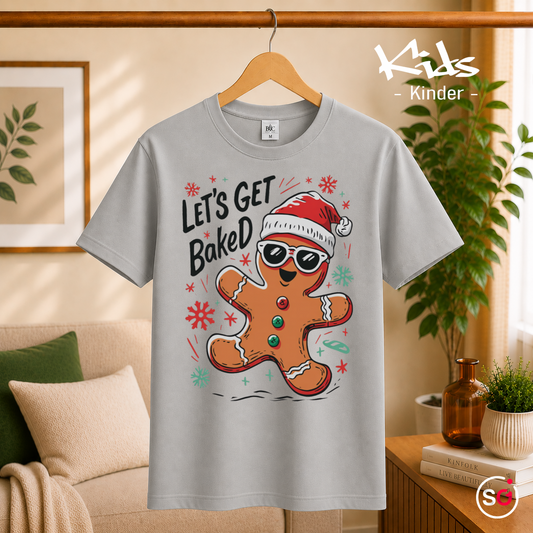 Kinder Grau – Kinder T-Shirt: Cooler Lebkuchenmann mit Santa-Hat & Spruch "Let's Get Baked" für Weihnachten