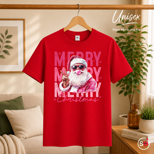 Unisex Rot – T-Shirt mit coolem Santa Claus Motiv, Sonnenbrille & Kaugummi | Modernes Weihnachtsdesign