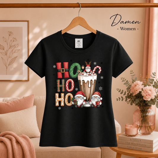 Ho Ho Ho T-Shirt mit niedlichen Weihnachtswichteln und heißer Schokolade - StyleOne