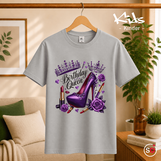 Kinder T-Shirt Birthday Queen mit lila High Heel, Krone und Glitzer-Design - StyleOne