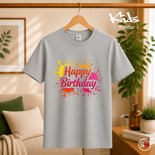 Kinder T-Shirt mit buntem "Happy Birthday" Farbklecks-Design für die Geburtstagsparty - StyleOne
