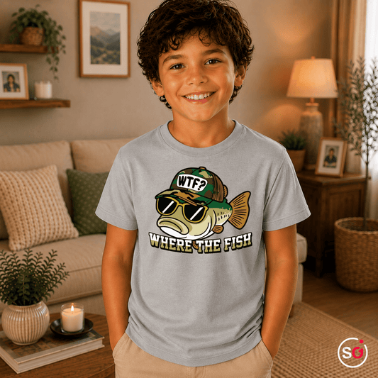 Kinder T-Shirt mit coolem Fisch-Motiv und Angler-Spruch 'WTF - Where The Fish' - StyleOne