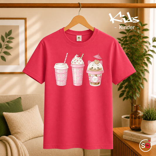 Kinder T-Shirt mit Kawaii Katzen-Drinks Motiv | Süßer Katzen-Milchshake in Rosa - StyleOne