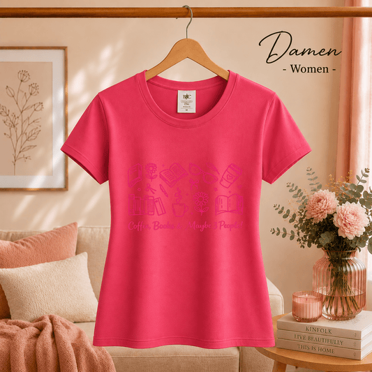 Lese-Liebe T-Shirt: 'Coffee, Books & Maybe 3 People!' Motiv in Pink - StyleOne