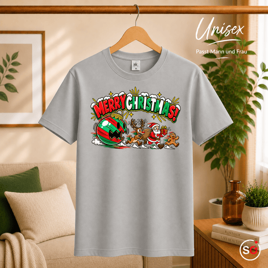 Lustiges T-Shirt „Merry Christmas“ mit Weihnachtsmann & Rentier auf der Flucht - StyleOne