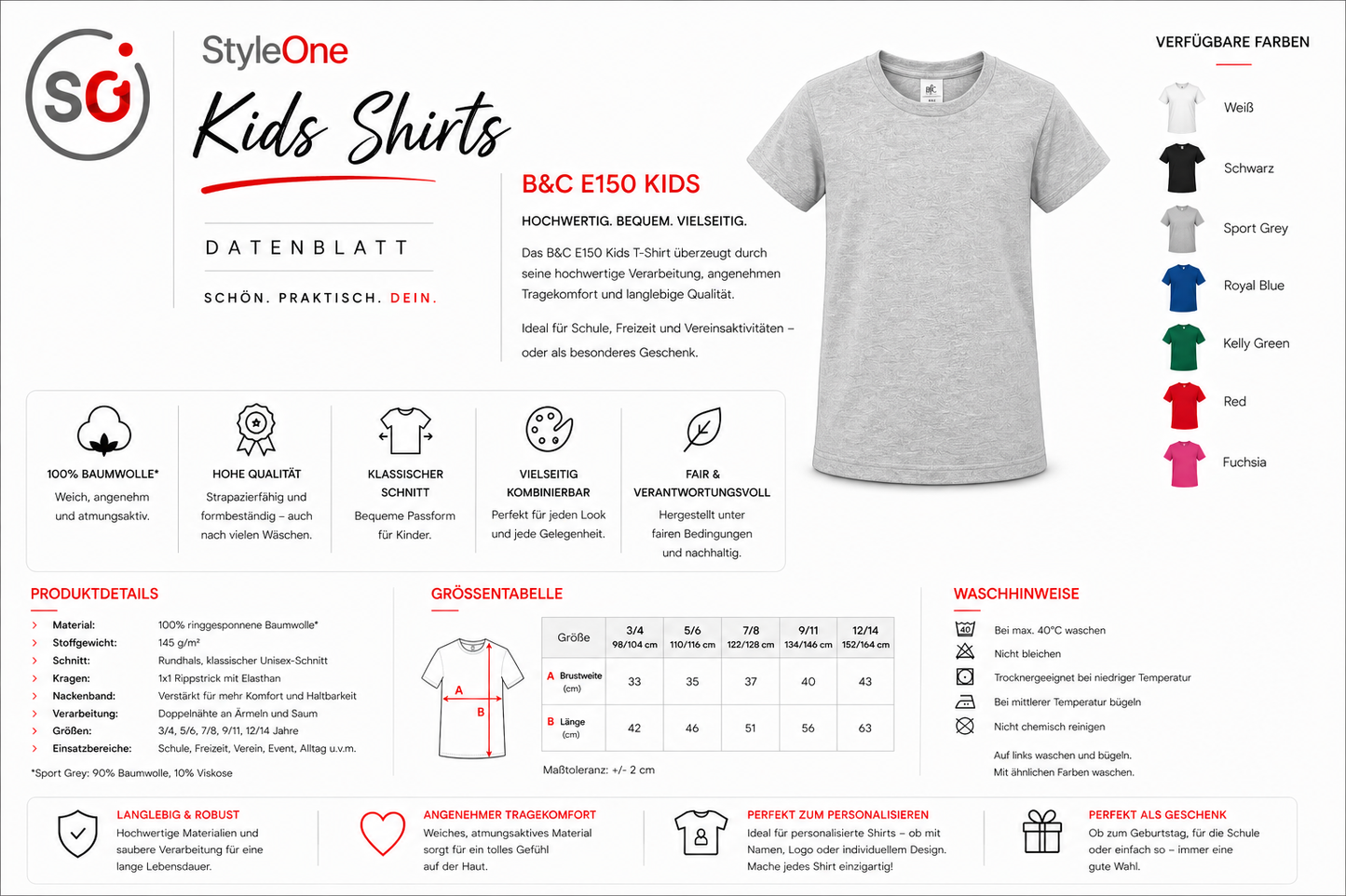 Größentabelle Kinder – Kinder T-Shirt: 'Coffee & Books' Motiv mit Blumen – Ideal für kleine Leseratten