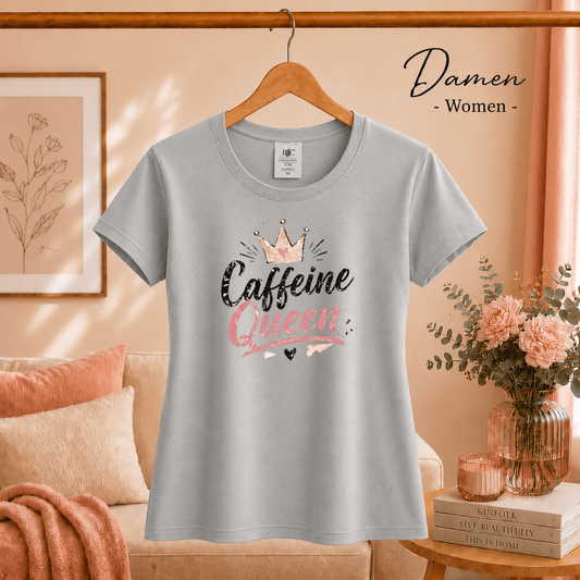 Statement T-Shirt mit 'Caffeine Queen' Schriftzug und funkelnder Krone - StyleOne