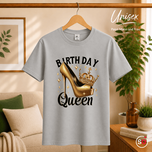 T-Shirt Birthday Queen mit goldenem High Heel und Krone - StyleOne