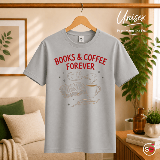 T-Shirt mit "Books & Coffee Forever" Design | Illustration für Leseratten & Kaffeeliebhaber - StyleOne