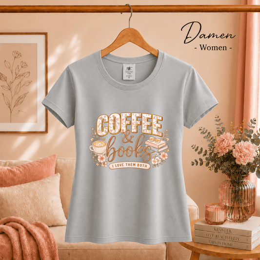 T-Shirt mit Coffee & Books Design | Floral-verzierter Spruch für Bücher- und Kaffeeliebhaber - StyleOne