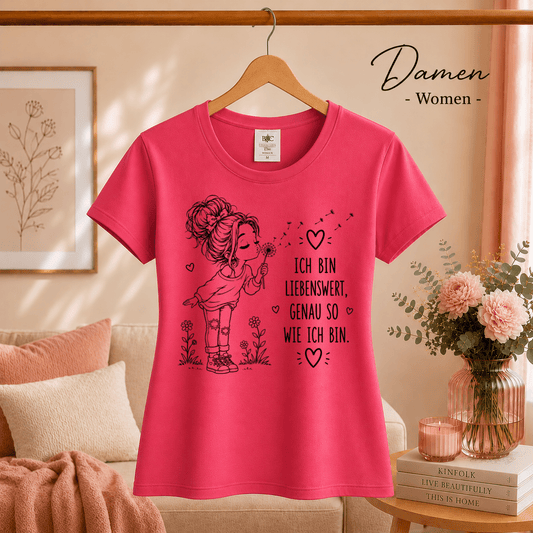 T-Shirt mit Pusteblumen-Mädchen und dem Spruch „Ich bin liebenswert, genau so wie ich bin“ - StyleOne
