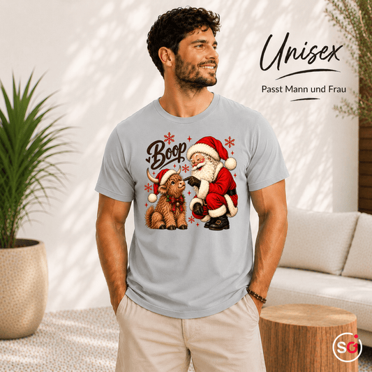 T-Shirt mit Weihnachtsmann und süßem Hochlandrind | Lustiges Santa Boop Motiv für die Festtage - StyleOne