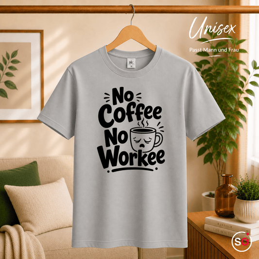 T-Shirt 'No Coffee No Workee' mit lustigem Spruch und müder Kaffeetasse - StyleOne