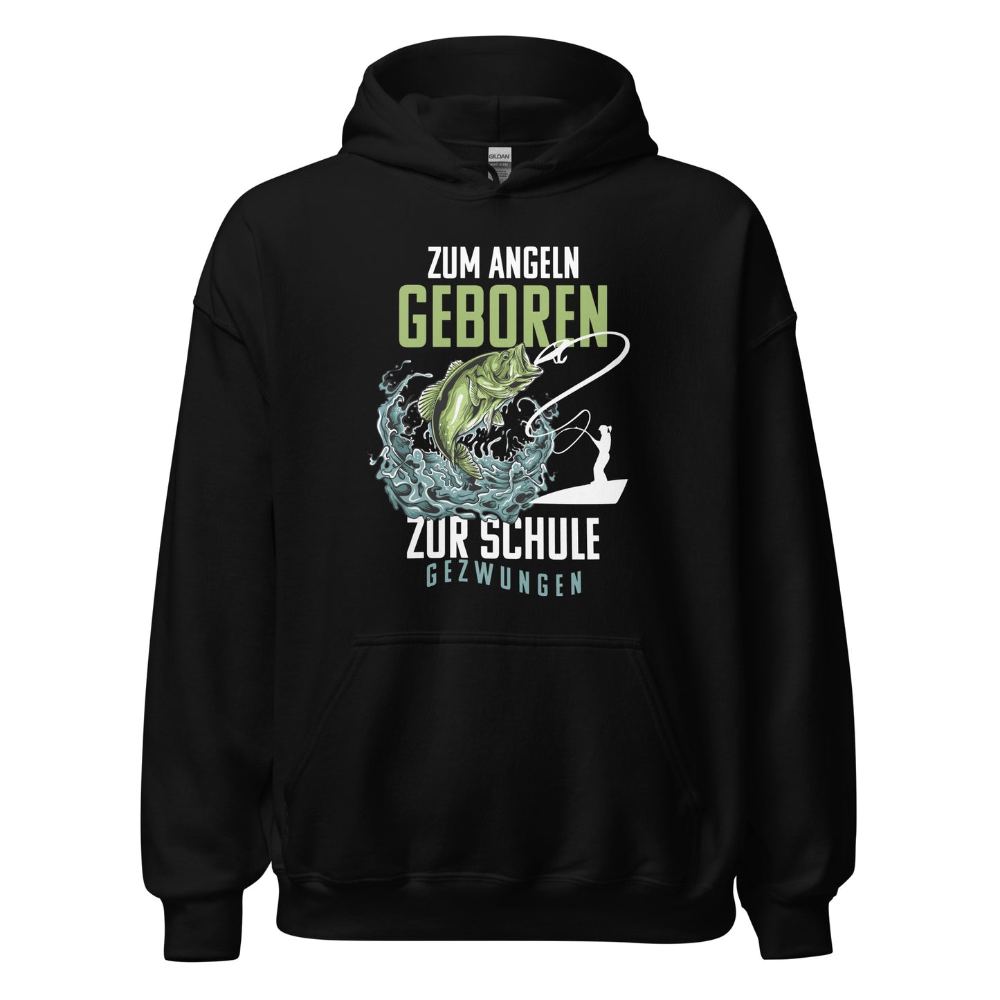 Stylischer Hoodie mit dem Spruch "Angeln geboren, Schule gezwungen!" - Jetzt entdecken!