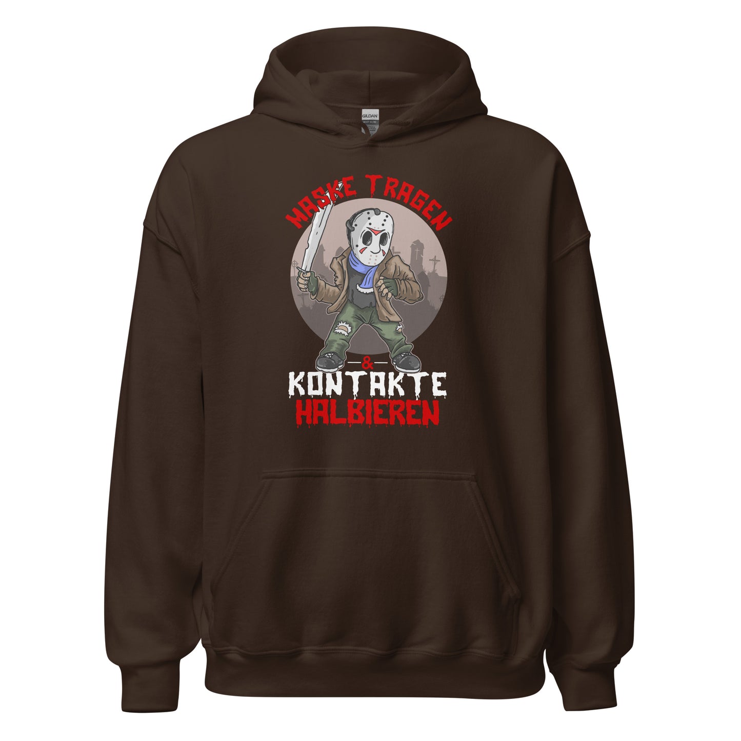 Hoodie: Maske tragen, Kontakte Halbieren - Lustiger Grusel-Pullover mit Statement