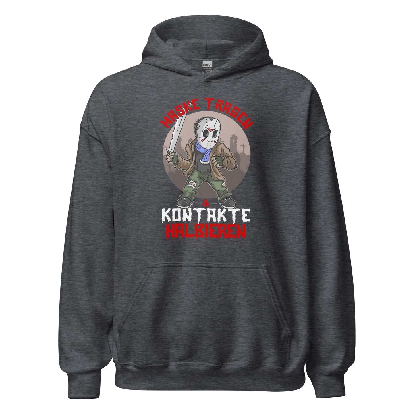 Hoodie: Maske tragen, Kontakte Halbieren - Lustiger Grusel-Pullover mit Statement