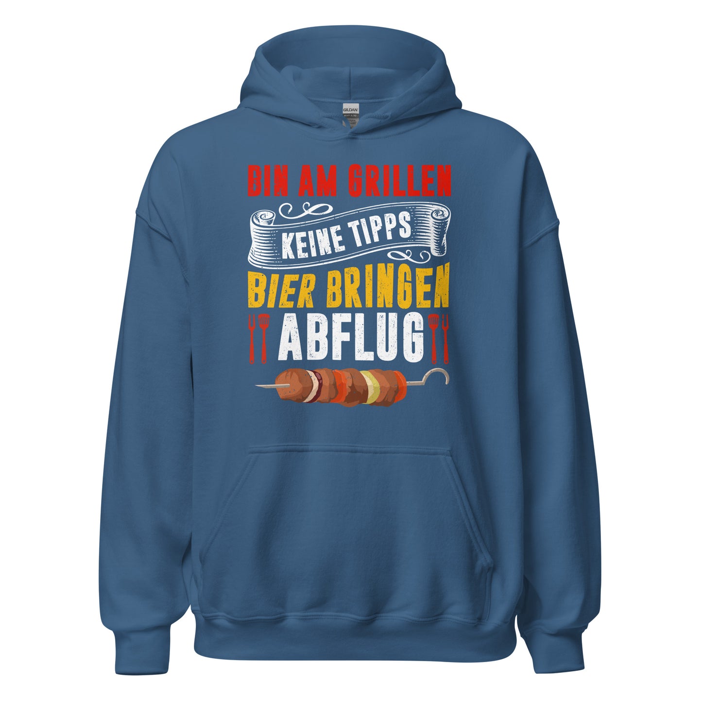 Trendiger Grill-Kapuzenpullover | Spruch: "Bin am Grillen! Keine Tipps! Bier bringen! Abflug!"