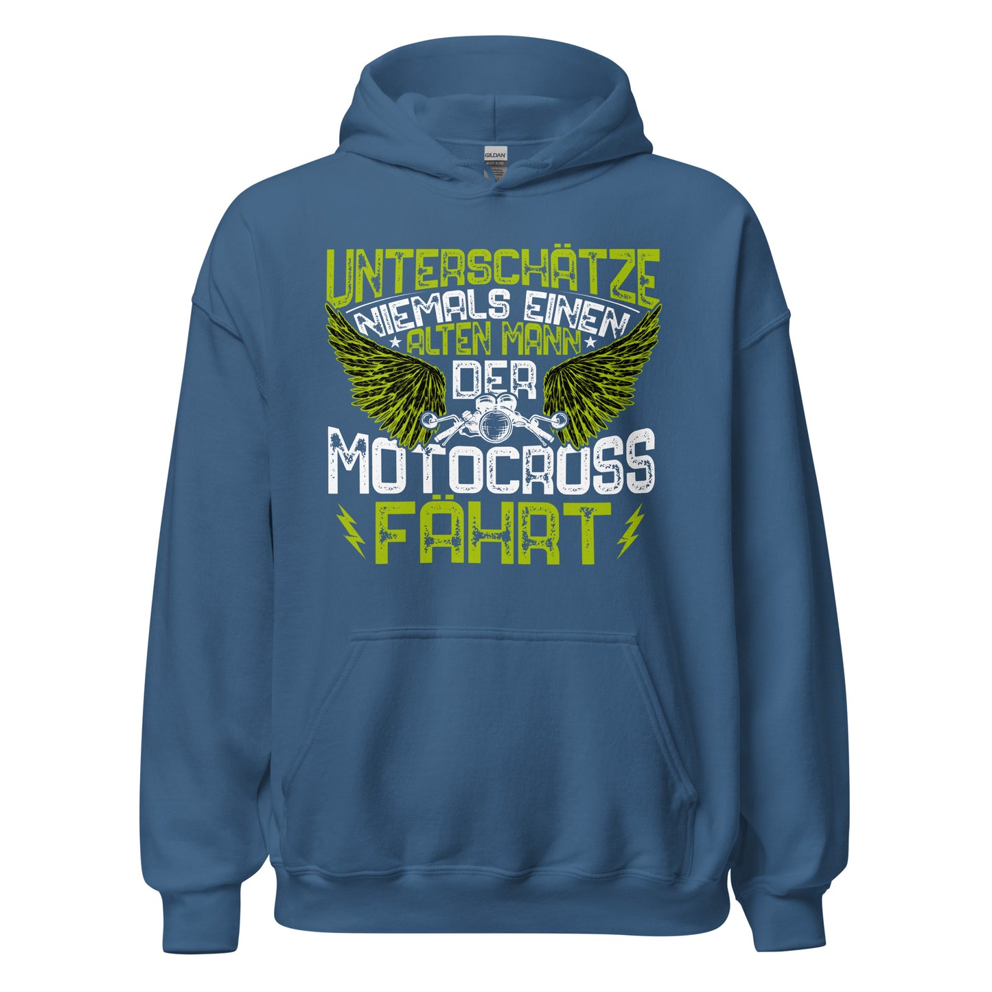 Cooler Motocross-Kapuzenpullover | Spruch: "Unterschätze niemals einen alten Mann!"