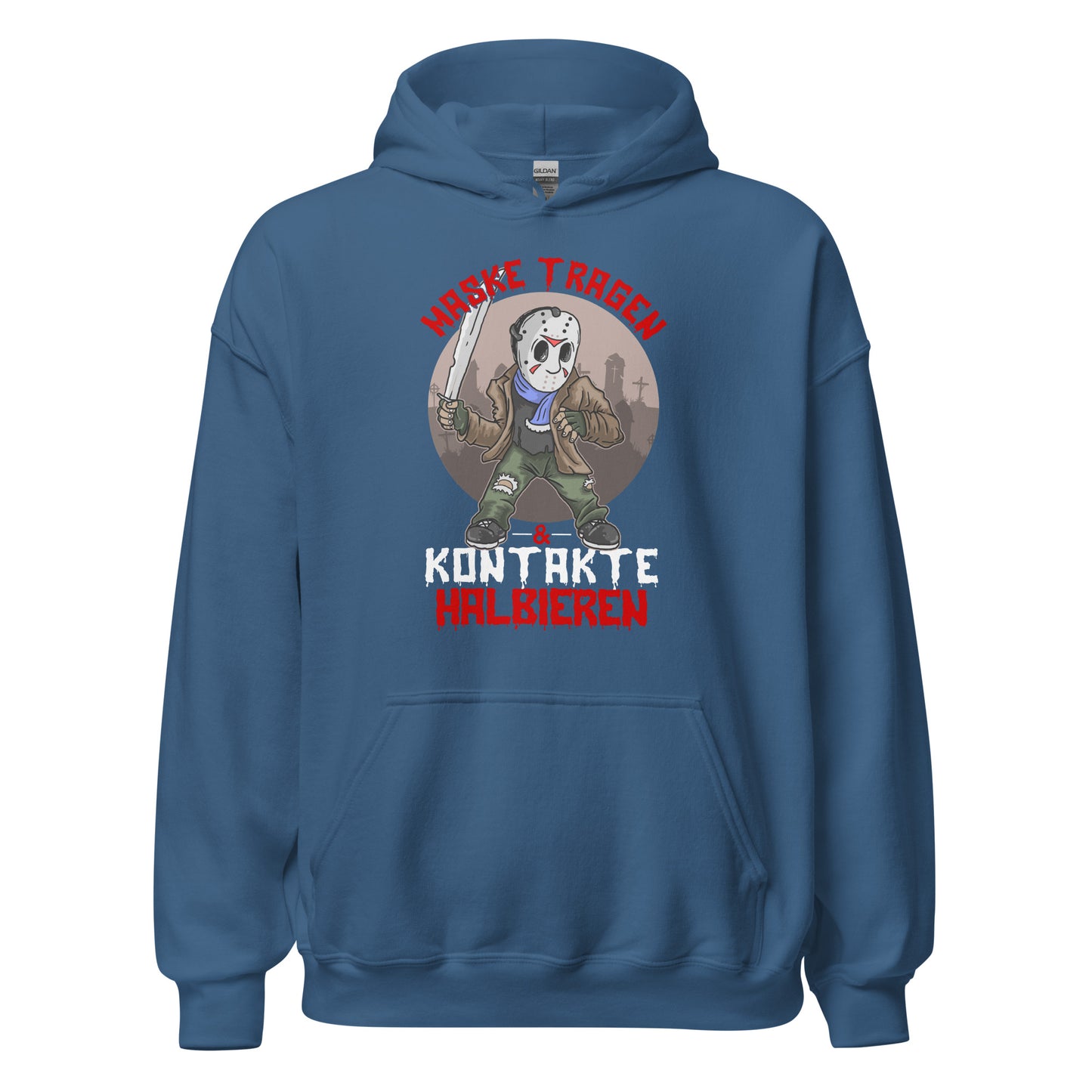 Hoodie: Maske tragen, Kontakte Halbieren - Lustiger Grusel-Pullover mit Statement