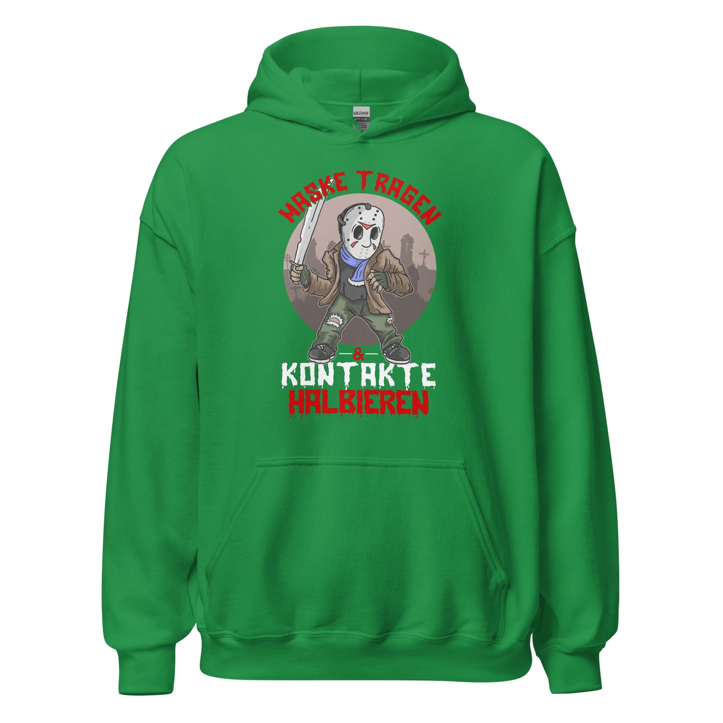 Hoodie: Maske tragen, Kontakte Halbieren - Lustiger Grusel-Pullover mit Statement