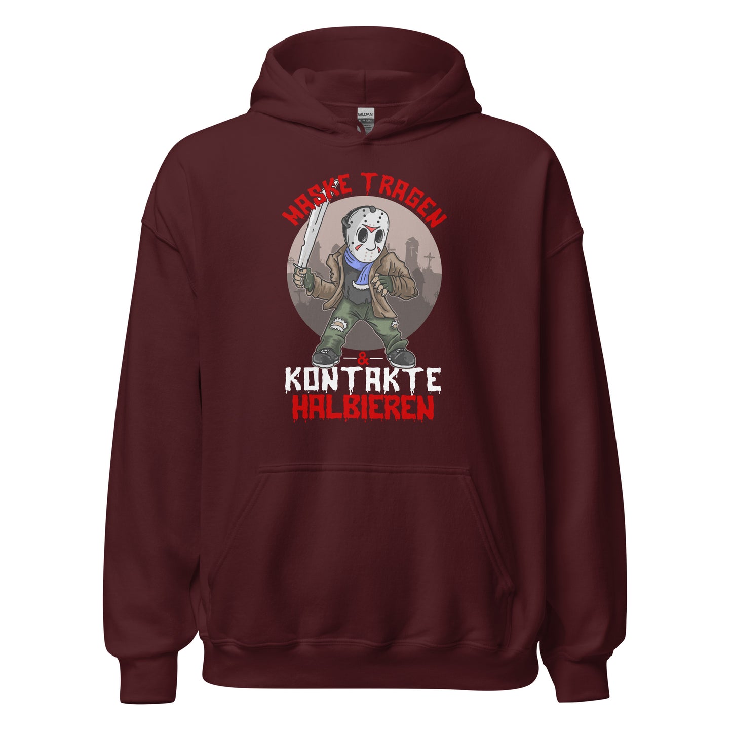 Hoodie: Maske tragen, Kontakte Halbieren - Lustiger Grusel-Pullover mit Statement