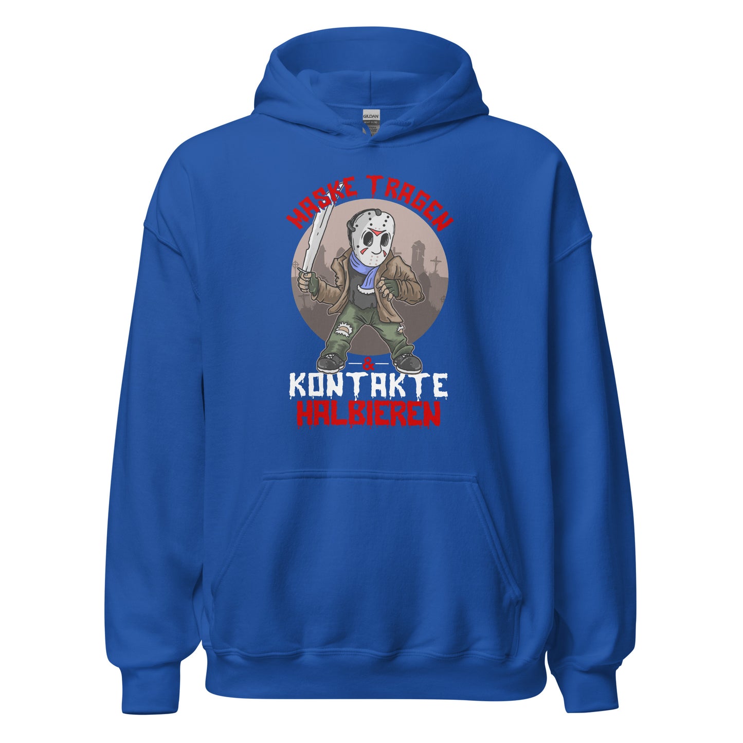 Hoodie: Maske tragen, Kontakte Halbieren - Lustiger Grusel-Pullover mit Statement