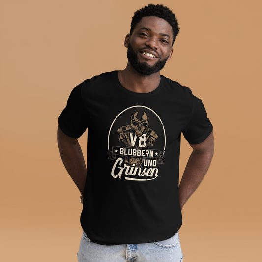 Lustiges T-Shirt "V8, blubbern und GRINSEN" für Auto-Fans