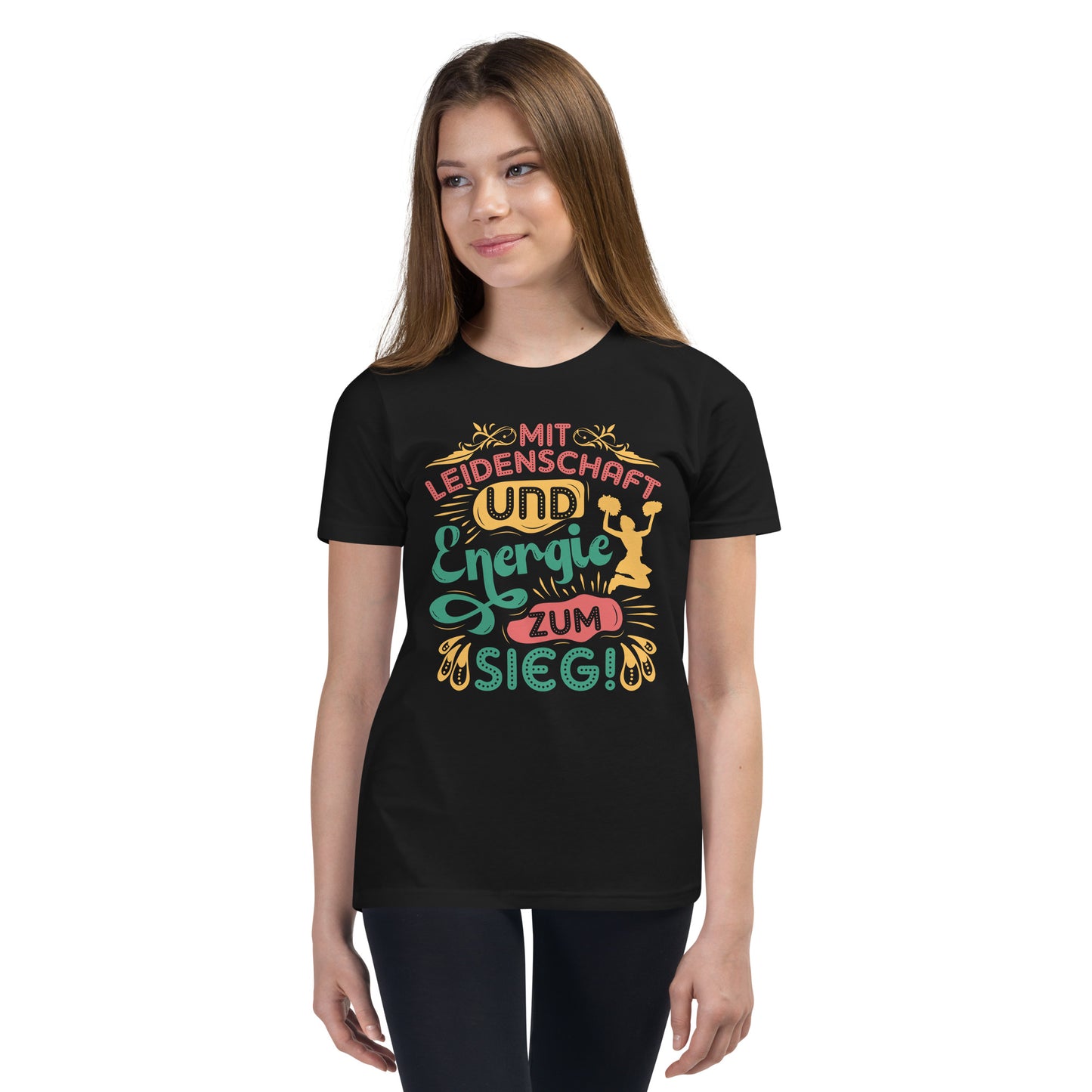 Mit Leidenschaft und Energie zum Sieg! Cheerleader Spruch - Dein motivierendes T-Shirt