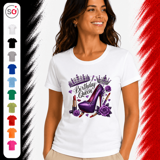 Birthday Queen T-Shirt: Glamour-Design mit lila High Heel, Krone und Rosen - StyleOne