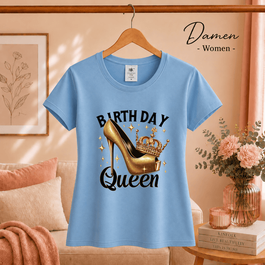 Birthday Queen T-Shirt mit goldenem High Heel und Krone für einen glamourösen Auftritt - StyleOne