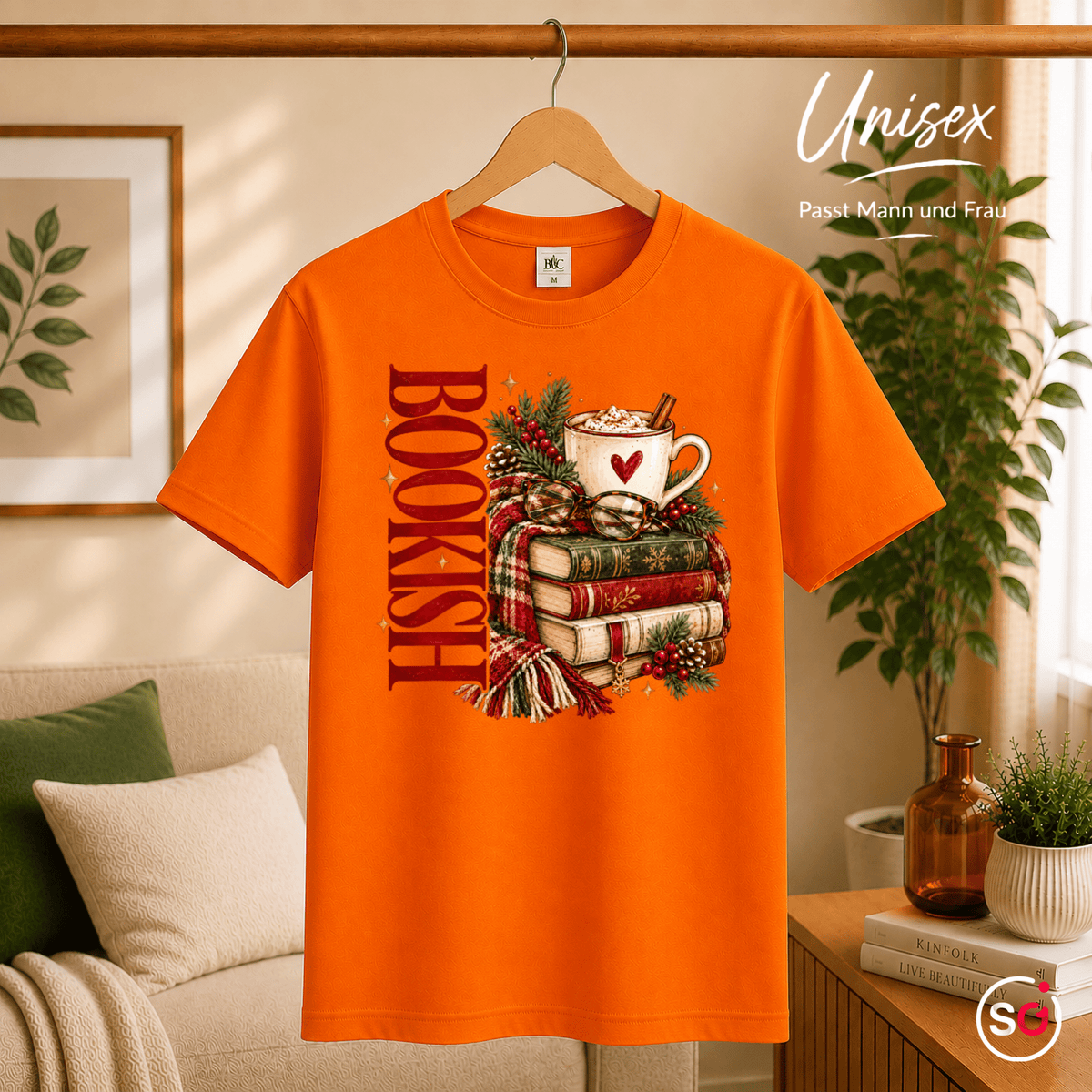Bookish T-Shirt mit gemütlichem Wintermotiv: Bücherstapel, Kakao und Schal - StyleOne