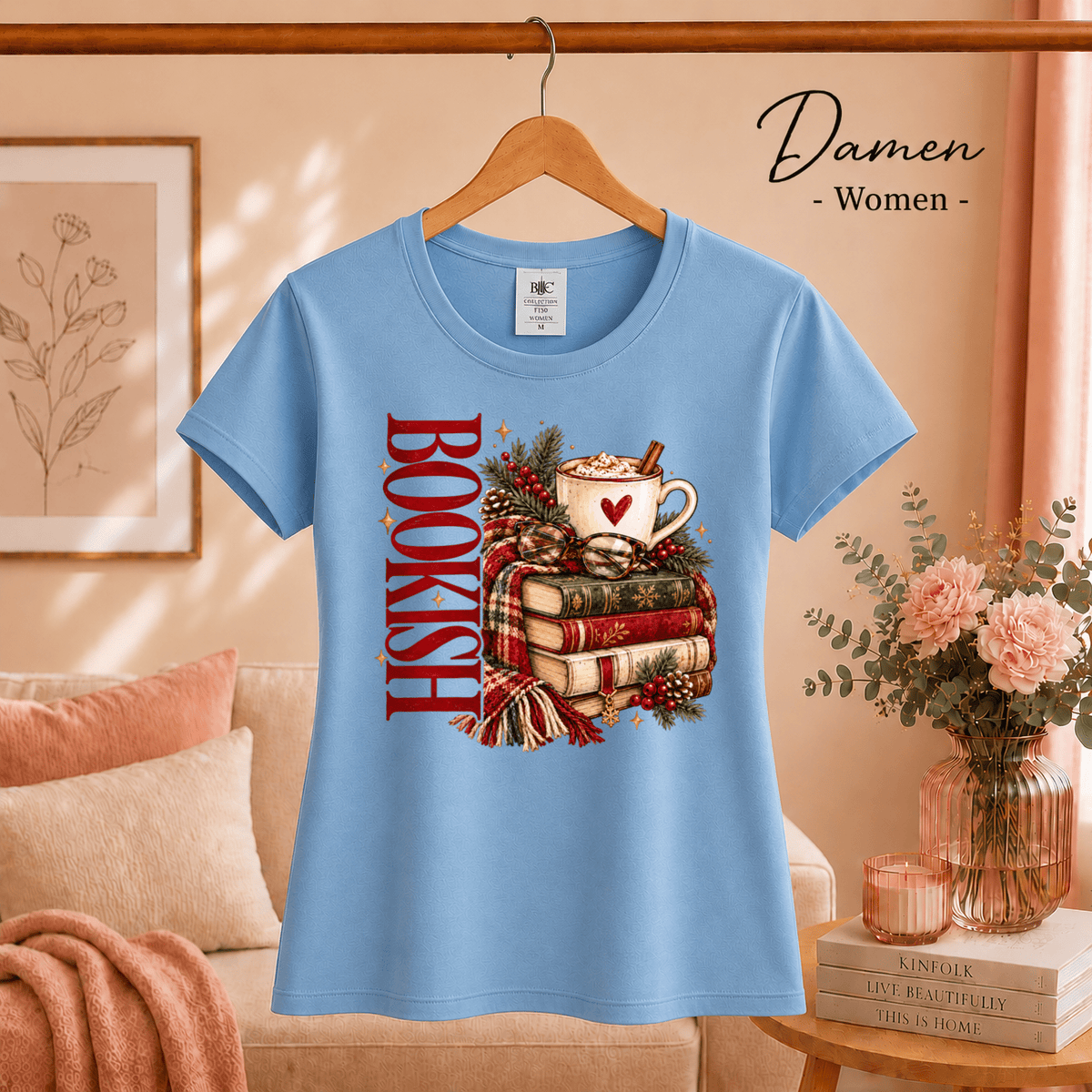 Bookish T-Shirt mit gemütlichem Wintermotiv: Bücherstapel, Kakao und Schal - StyleOne