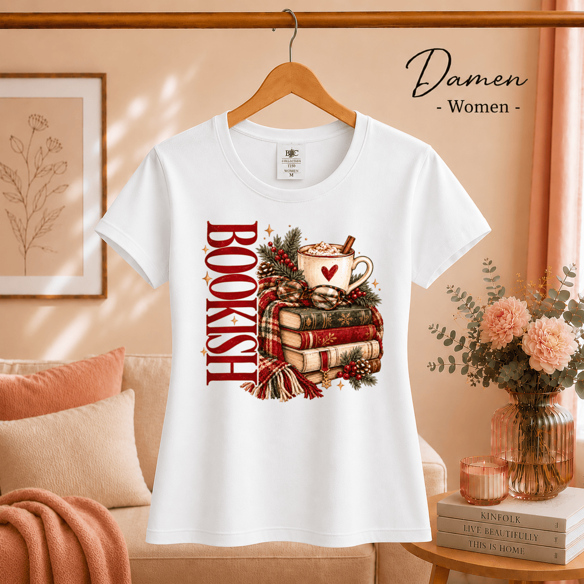 Bookish T-Shirt mit gemütlichem Wintermotiv: Bücherstapel, Kakao und Schal - StyleOne
