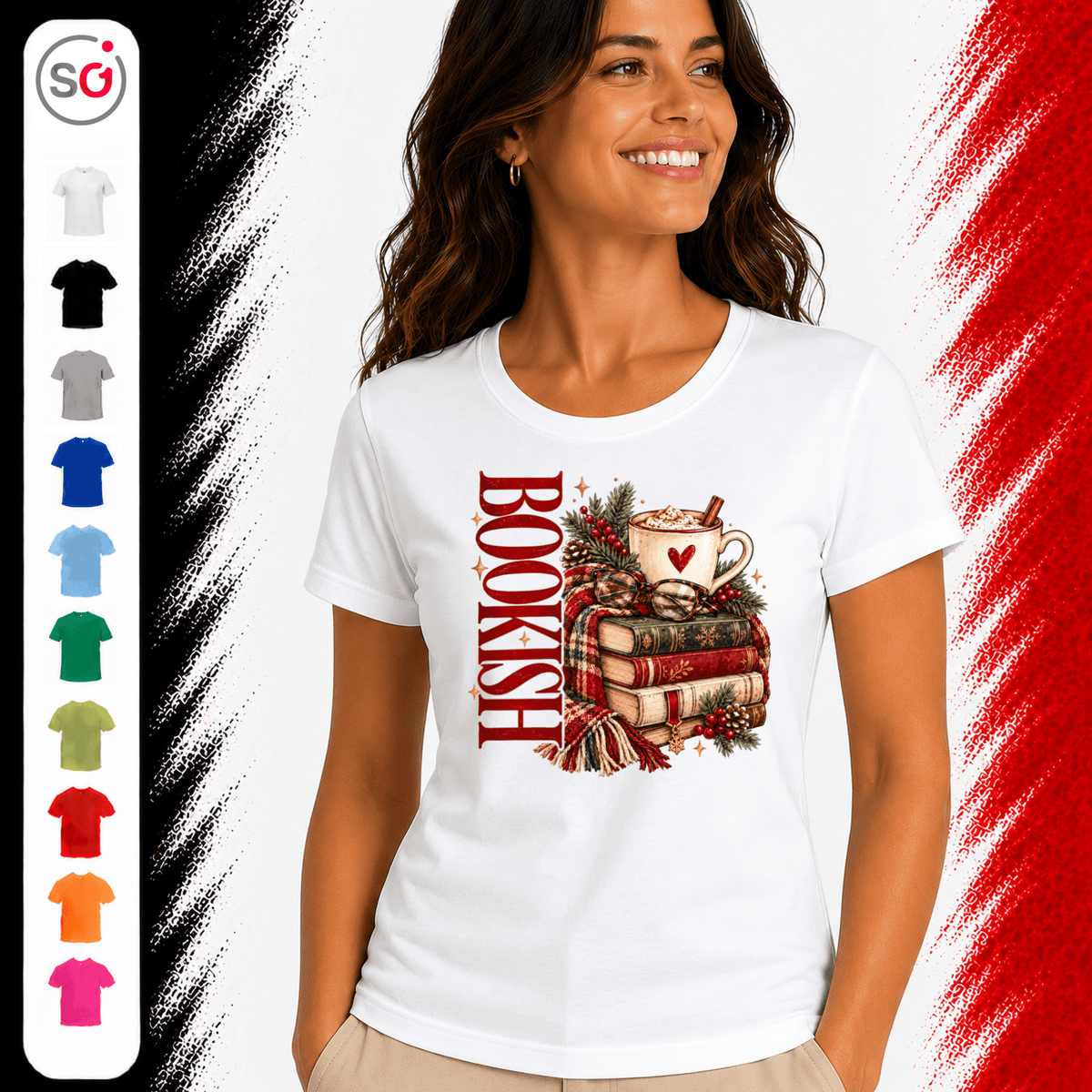 Bookish T-Shirt mit gemütlichem Wintermotiv: Bücherstapel, Kakao und Schal - StyleOne