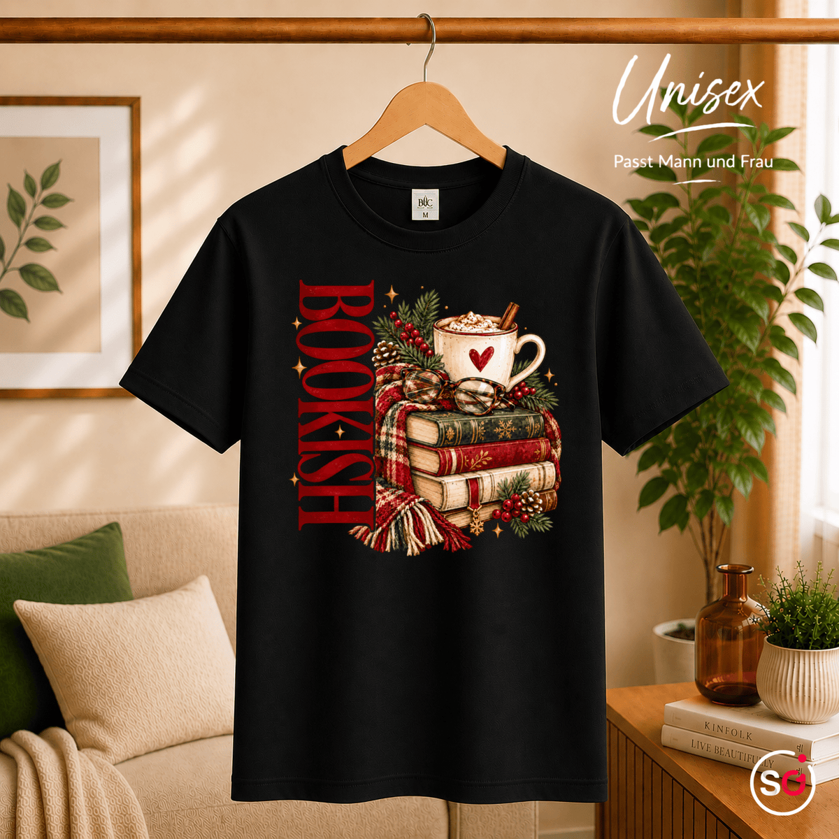 Bookish T-Shirt mit gemütlichem Wintermotiv: Bücherstapel, Kakao und Schal - StyleOne