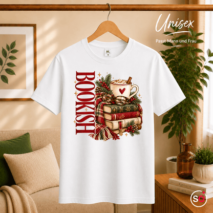 Bookish T-Shirt mit gemütlichem Wintermotiv: Bücherstapel, Kakao und Schal - StyleOne