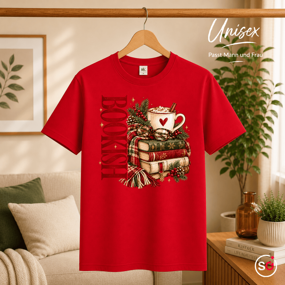 Bookish T-Shirt mit gemütlichem Wintermotiv: Bücherstapel, Kakao und Schal - StyleOne