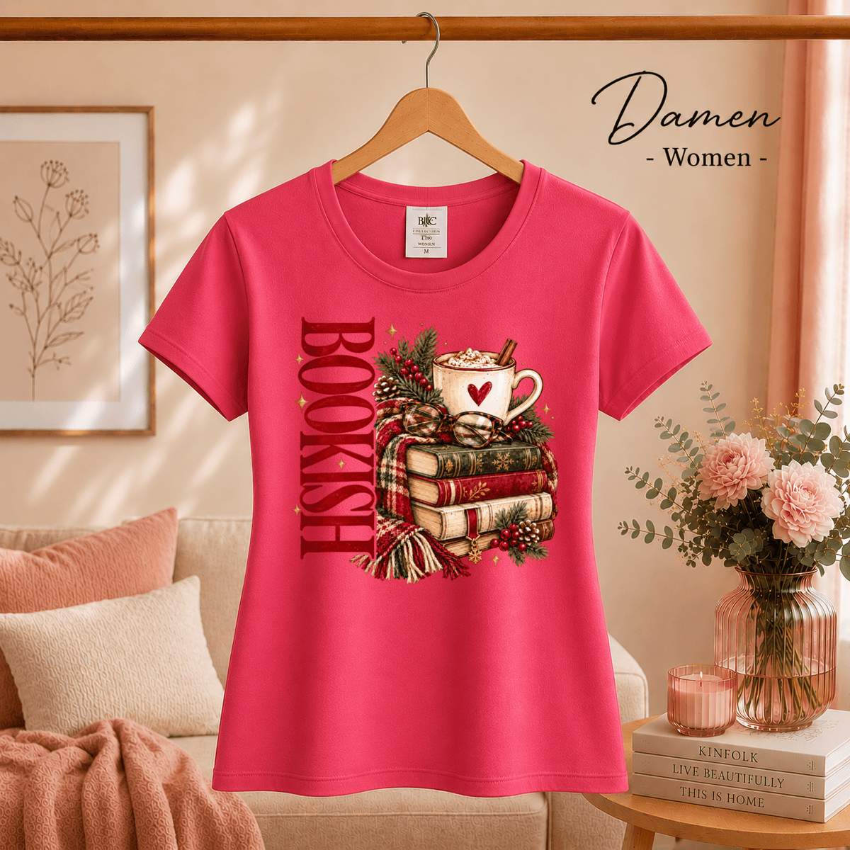 Bookish T-Shirt mit gemütlichem Wintermotiv: Bücherstapel, Kakao und Schal - StyleOne