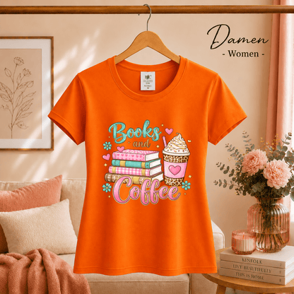 Books and Coffee T-Shirt | Buntes Motiv mit Bücherstapel und Eiskaffee für Leseratten - StyleOne