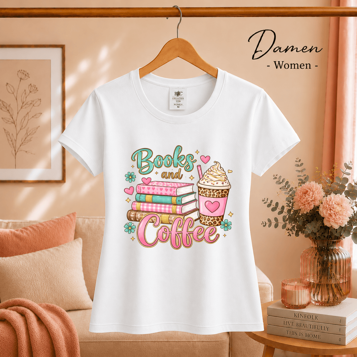 Books and Coffee T-Shirt | Buntes Motiv mit Bücherstapel und Eiskaffee für Leseratten - StyleOne