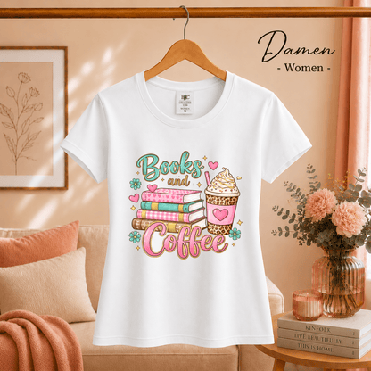 Books and Coffee T-Shirt | Buntes Motiv mit Bücherstapel und Eiskaffee für Leseratten - StyleOne