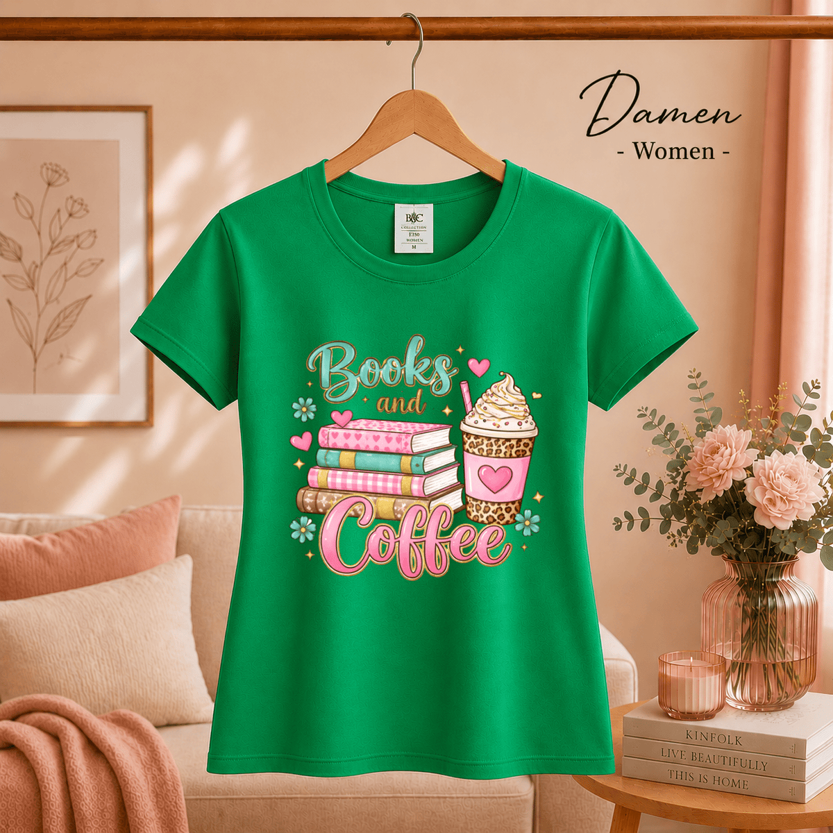 Books and Coffee T-Shirt | Buntes Motiv mit Bücherstapel und Eiskaffee für Leseratten - StyleOne