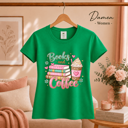 Books and Coffee T-Shirt | Buntes Motiv mit Bücherstapel und Eiskaffee für Leseratten - StyleOne