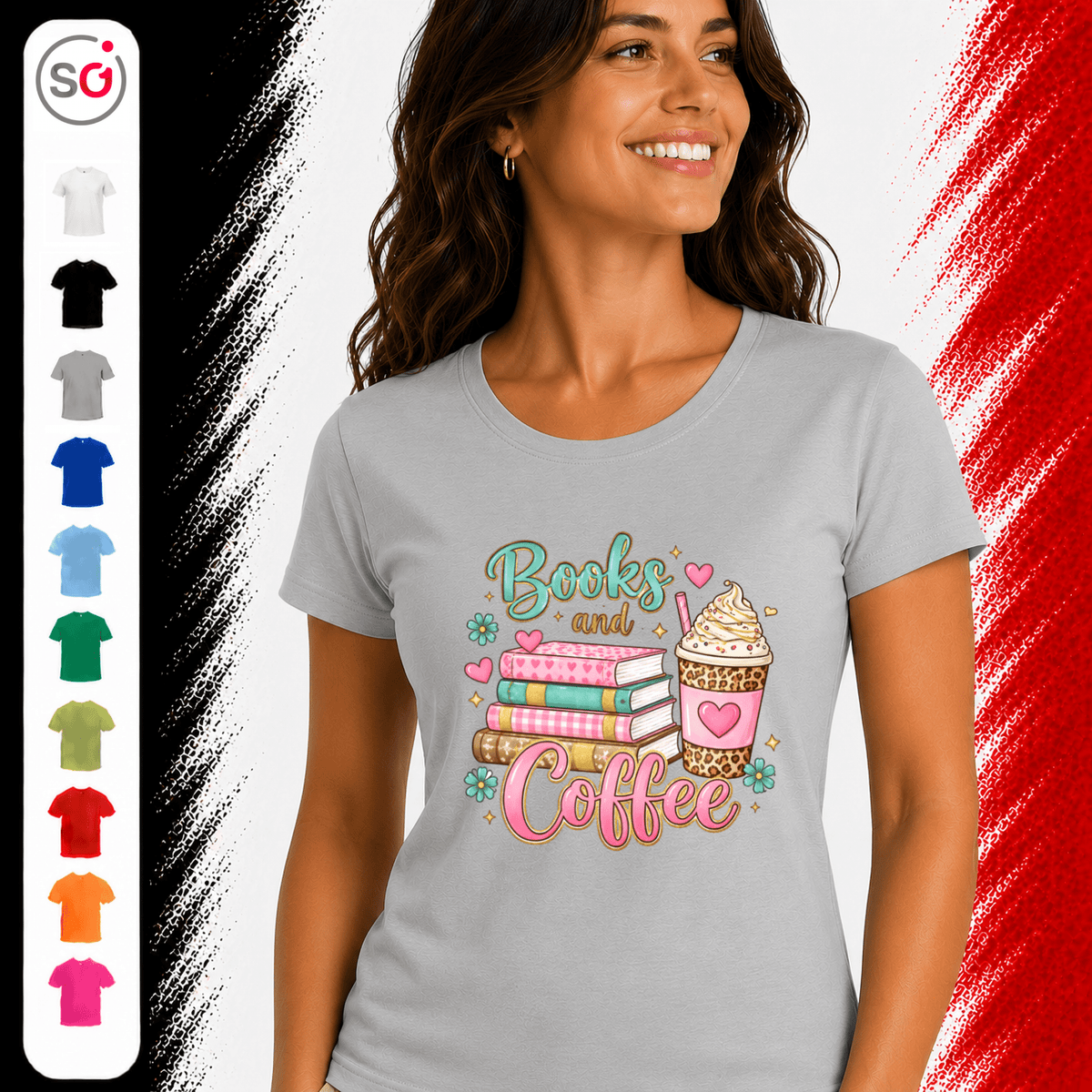 Books and Coffee T-Shirt | Buntes Motiv mit Bücherstapel und Eiskaffee für Leseratten - StyleOne