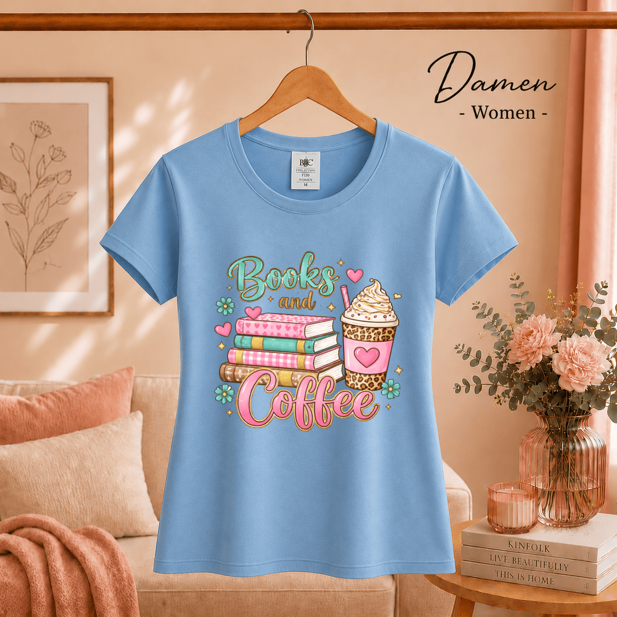 Books and Coffee T-Shirt | Buntes Motiv mit Bücherstapel und Eiskaffee für Leseratten - StyleOne