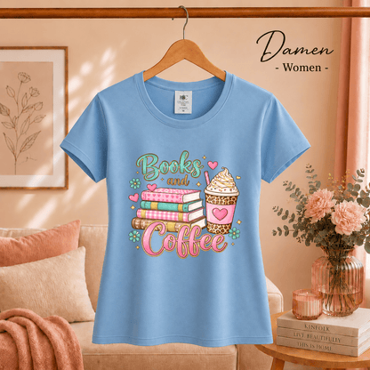 Books and Coffee T-Shirt | Buntes Motiv mit Bücherstapel und Eiskaffee für Leseratten - StyleOne